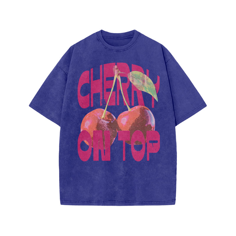 Cherry On Top Print Acid Washed T-shirt - Blue - US20-22(3XL) - image 9