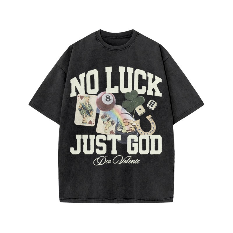 No Luck Just God Print Acid Washed T-shirt - Black - US20-22(3XL) - image 2