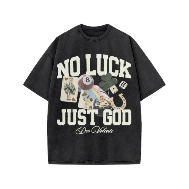 No Luck Just God Print Acid Washed T-shirt - Black - US20-22(3XL) - image 2