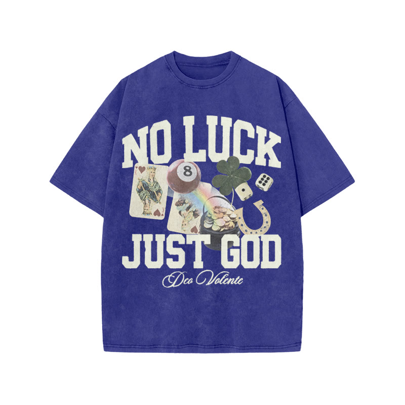 No Luck Just God Print Acid Washed T-shirt - Blue - US20-22(3XL) - image 1