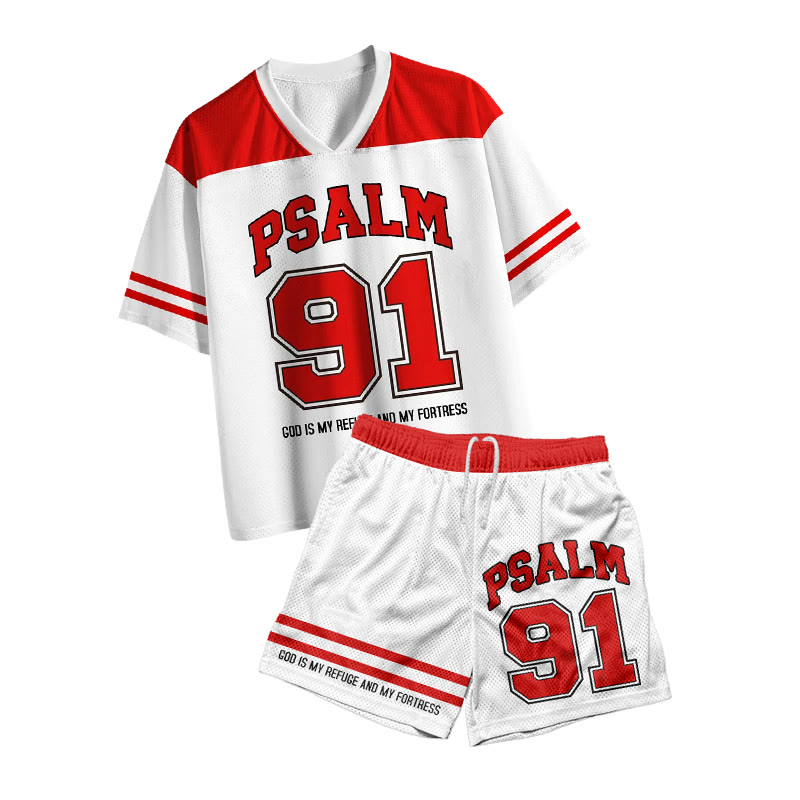 Psalm 91 God Is My Refuge Print Mesh T-shirt Set - Red - 4XL - image 1