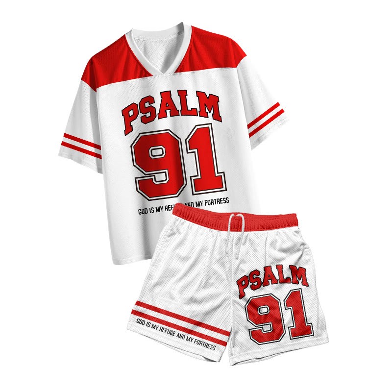 Psalm 91 God Is My Refuge Print Mesh T-shirt Set - Red - 4XL - image 1