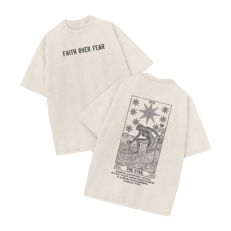 Faith Over Fear Tarot The Star Print Acid Washed T-shirt - Beige - US20-22(3XL) - image 2