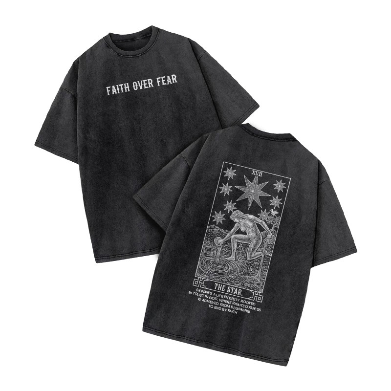 Faith Over Fear Tarot The Star Print Acid Washed T-shirt - Black - US20-22(3XL) - image 1