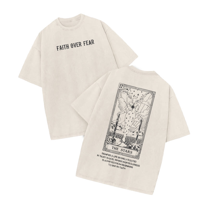 Faith Over Fear Tarot 17 The Star Print Acid Washed T-shirt - Beige - US20-22(3XL) - image 2