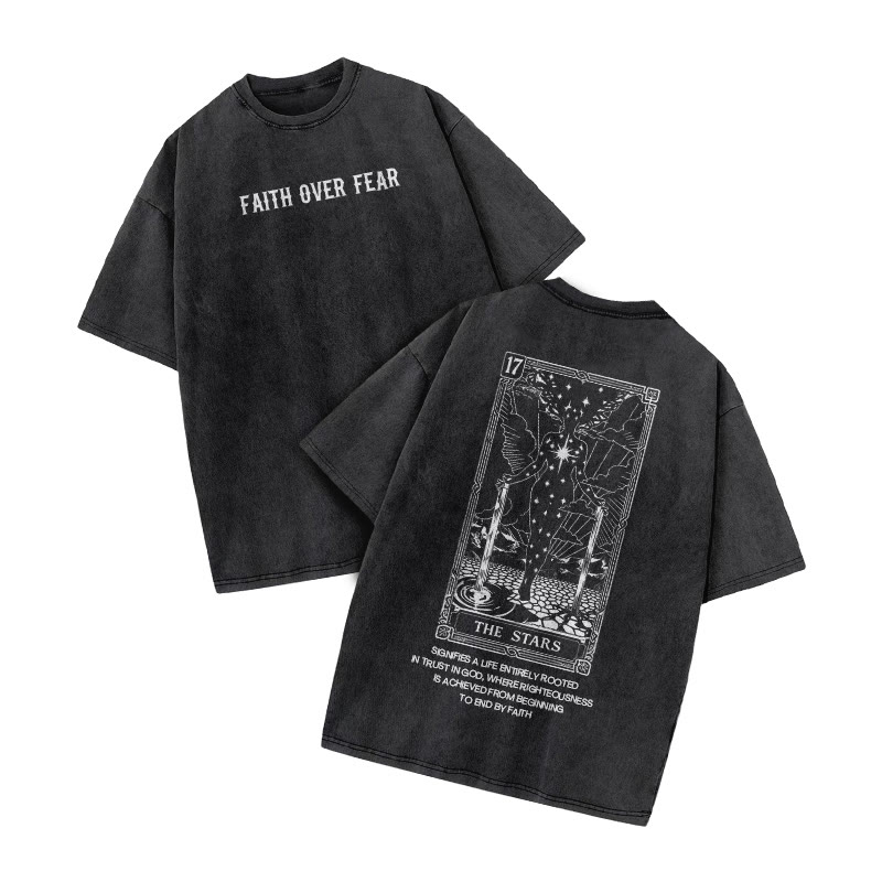 Faith Over Fear Tarot 17 The Star Print Acid Washed T-shirt - Black - US20-22(3XL) - image 1