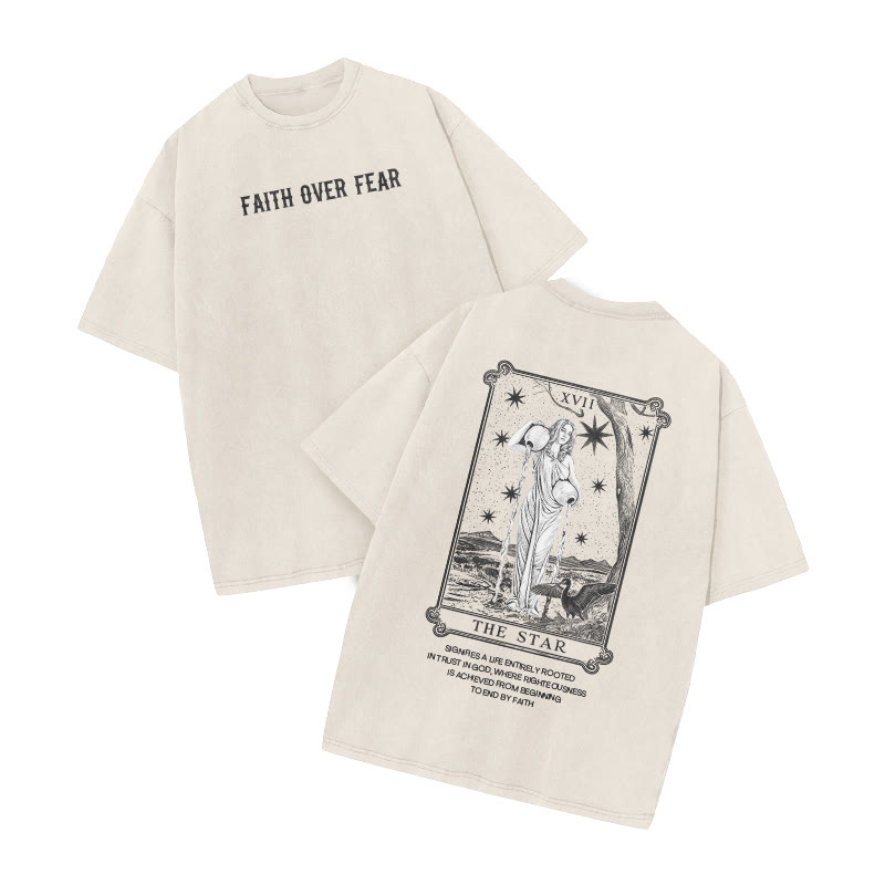 Tarot The Star Faith Over Fear Print Acid Washed T-shirt - Beige - US20-22(3XL) - image 2