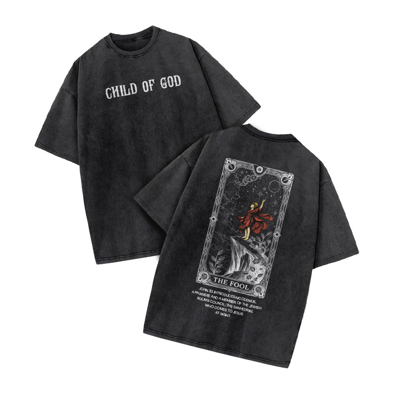Child Of God Tarot 0 The Fool Print Acid Washed T-shirt - Black - US20-22(3XL) - image 1