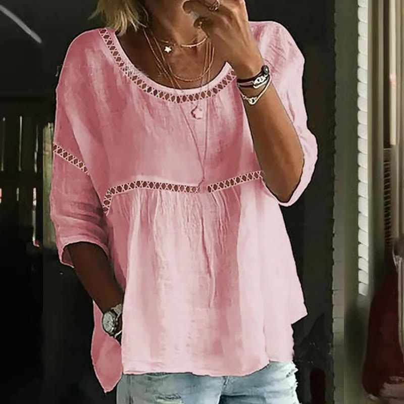 Simple Openwork Lace Splicing Round Neck  3/4 Sleeve Blouse - Pink - 2XL - image 2