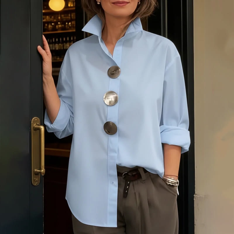 Elegant Solid Oversized Metal Buttons Long-sleeve Blouse - Sky Blue - 3XL - image 1