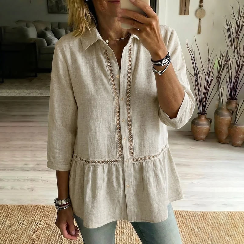 Elegant Bohemian Openwork Lace Linen Blend 3/4 Sleeve Blouse - Khaki - 3XL - image 2