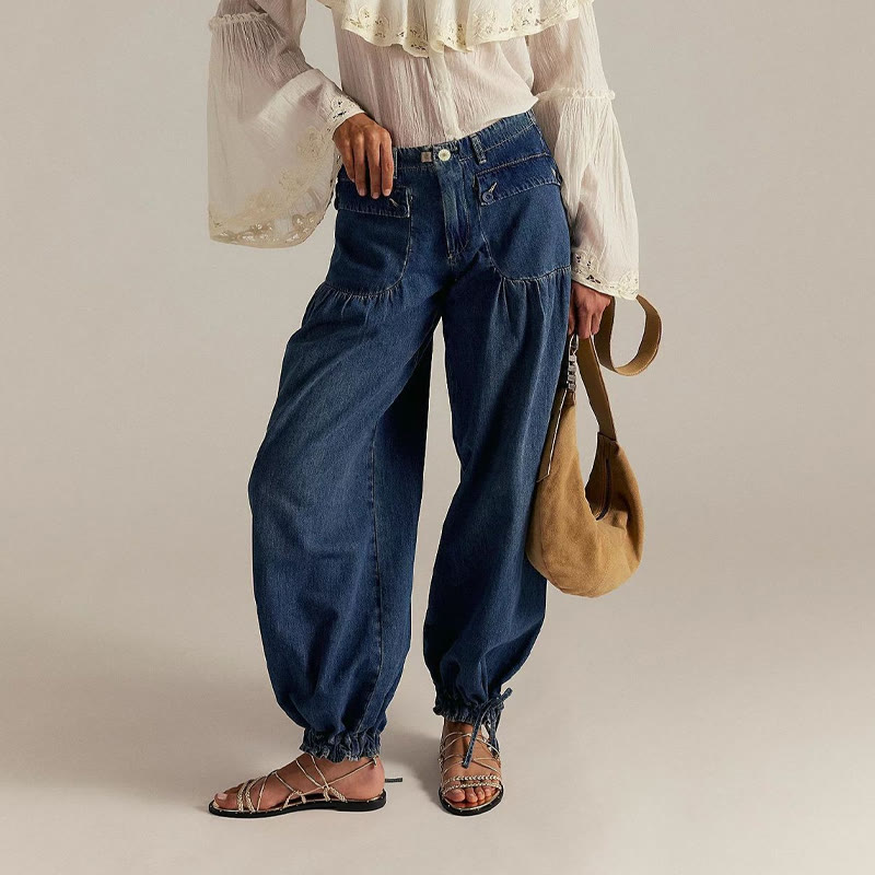 Vintage Drawstring Tie&pocket  Lantern Jeans - Dark Blue - XL - image 1