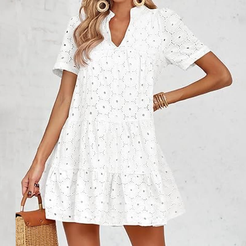 Elegant Openwork Lace Short-sleeve Babydoll Dress - White - 2XL - image 3