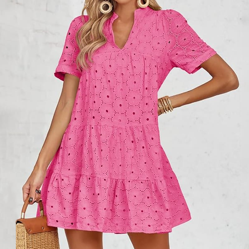 Elegant Openwork Lace Short-sleeve Babydoll Dress - Rose - 2XL - image 1