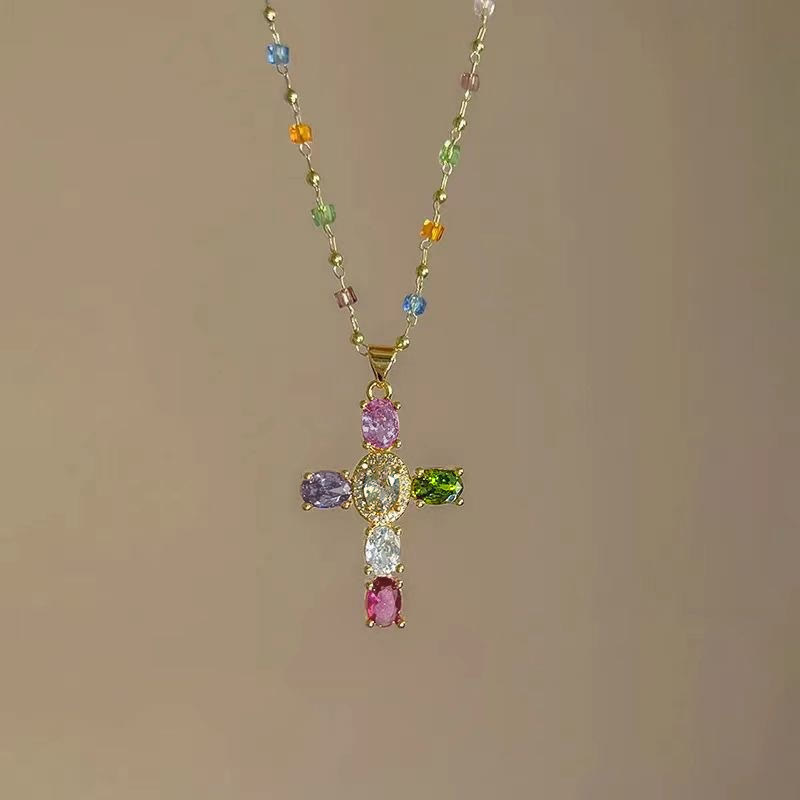 Colorful Faux Crystal Cross Necklace - image 1
