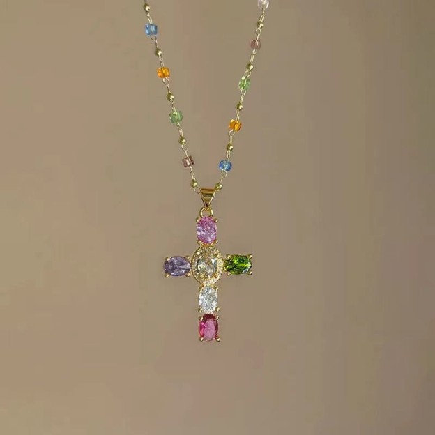 Colorful Faux Crystal Cross Necklace - image 1