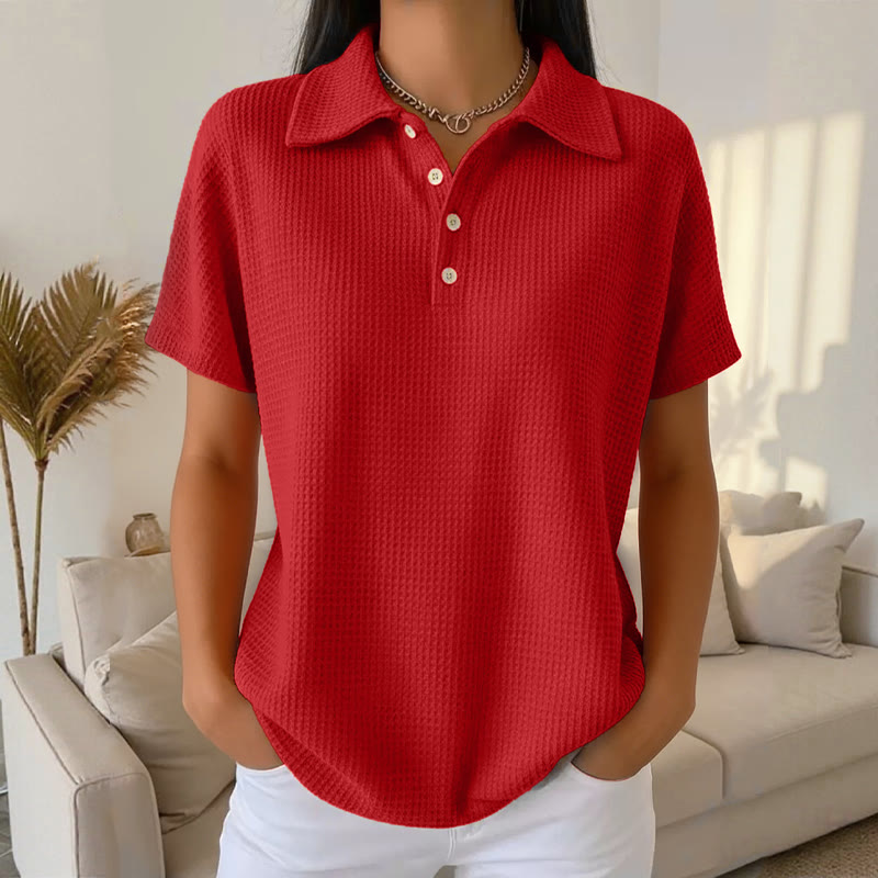 Cozy Waffle Texture Lapel Button Short-sleeve Polo T-shirt - Red - US32-34(5XL) - image 2