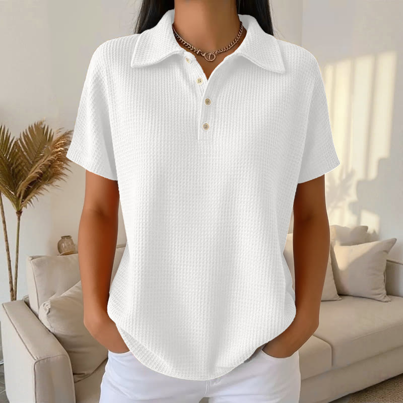 Cozy Waffle Texture Lapel Button Short-sleeve Polo T-shirt - White - US32-34(5XL) - image 1
