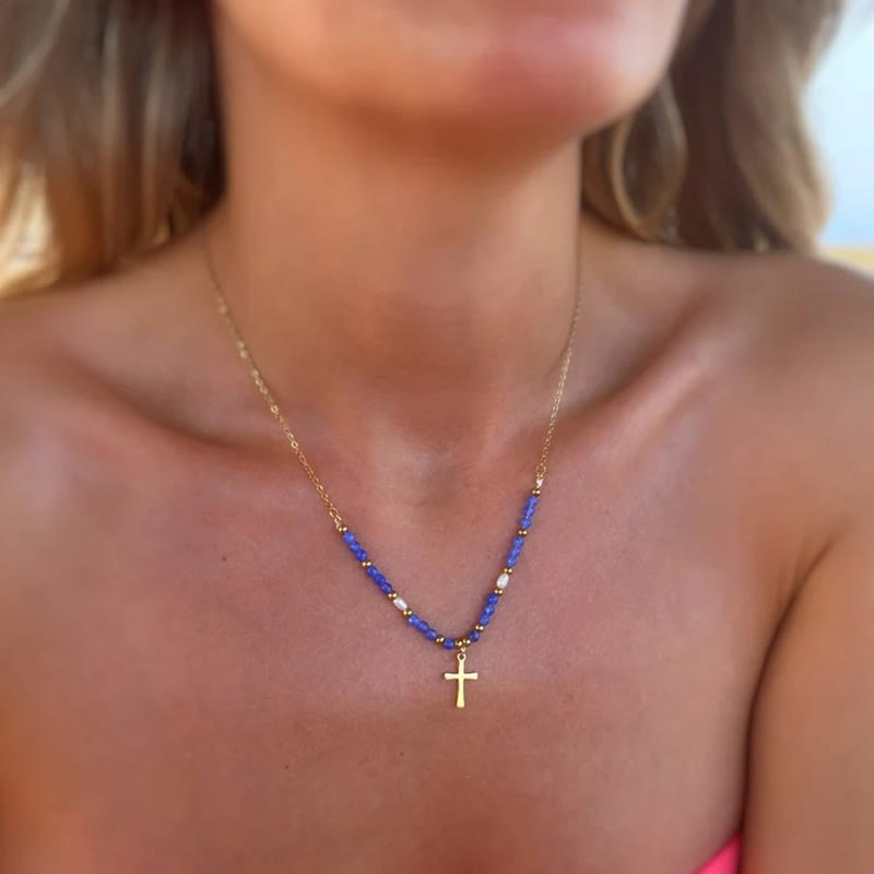 Vacation Style Colorful Beaded Cross Pendant Necklace - Blue - one size - image 2