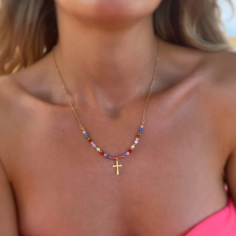 Vacation Style Colorful Beaded Cross Pendant Necklace - Multicolor - one size - image 1