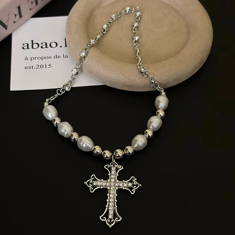 Stylish Faux Diamond Hollow Cross Pendant Necklace - image 3