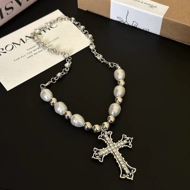 Stylish Faux Diamond Hollow Cross Pendant Necklace - image 2
