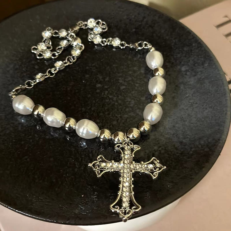 Stylish Faux Diamond Hollow Cross Pendant Necklace - Silver - one size - image 1