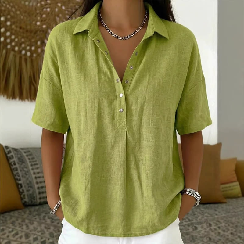 Simple Cozy Solid-color Button-up Short-sleeve Polo Blouse - Olive Green - 3XL - image 2