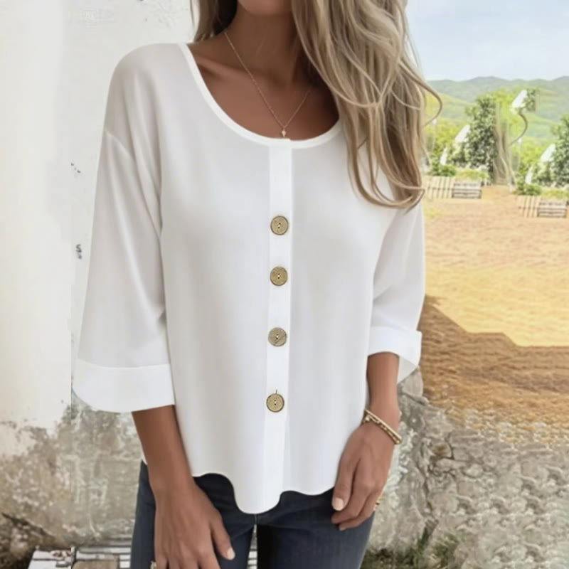 Simple Solid Round-neck Button 3/4-sleeve Blouse - White - 4XL - image 2
