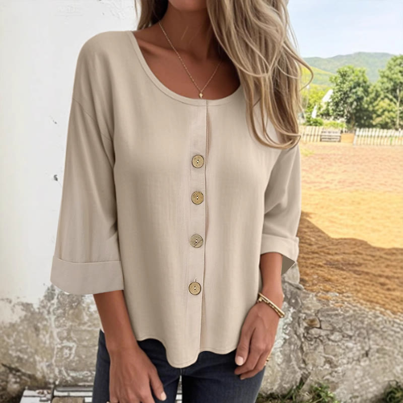 Simple Solid Round-neck Button 3/4-sleeve Blouse - Apricot - 4XL - image 1