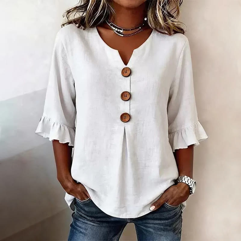 Solid Color Print Button V-neck Blouse With Ruffle Sleeves - White - 3XL - image 2