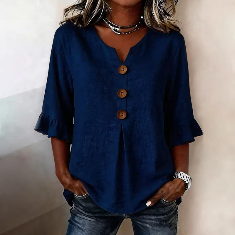 Solid Color Print Button V-neck Blouse With Ruffle Sleeves - Navy Blue - 3XL - image 3