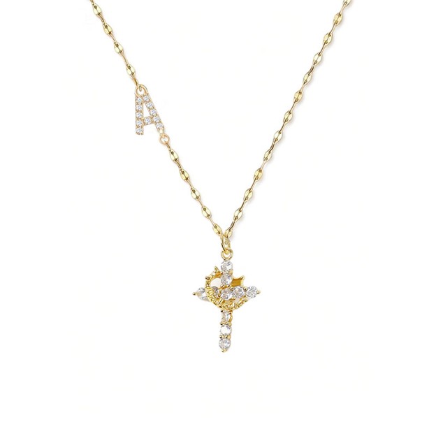 Rhinestone Letter Cross Pendant Necklace - A - one size - image 5