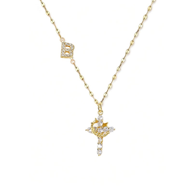 Rhinestone Letter Cross Pendant Necklace - B - one size - image 6