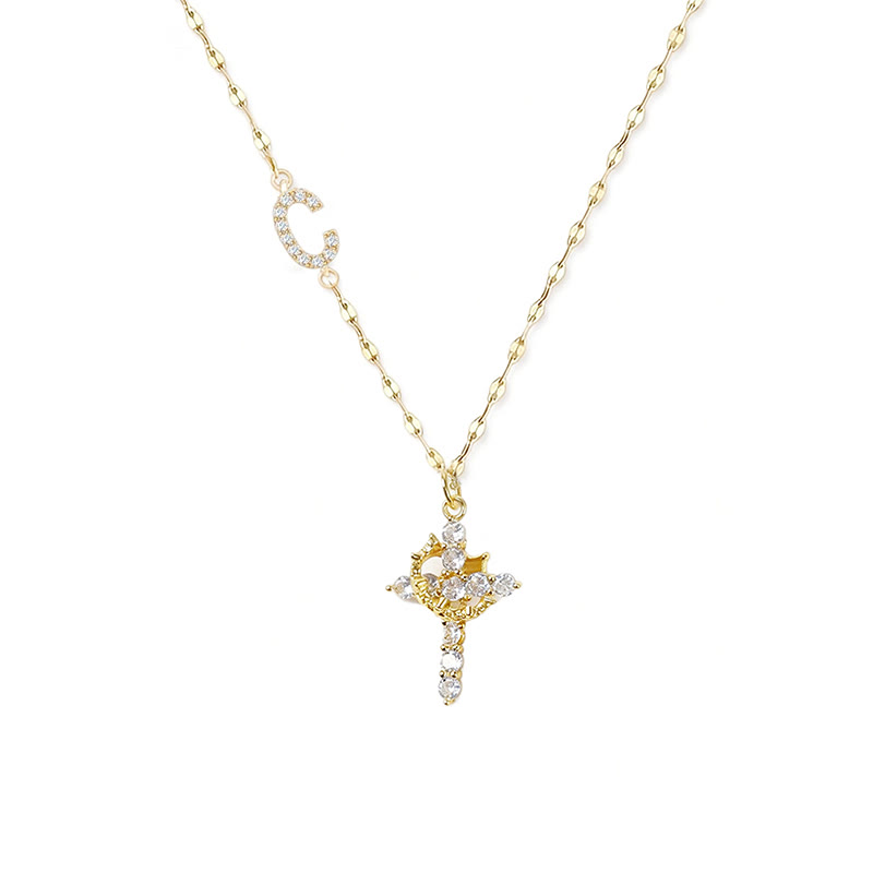 Rhinestone Letter Cross Pendant Necklace - C - one size - image 7