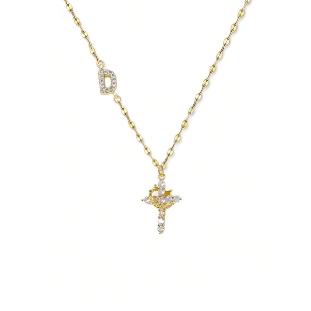 Rhinestone Letter Cross Pendant Necklace - D - one size - image 8