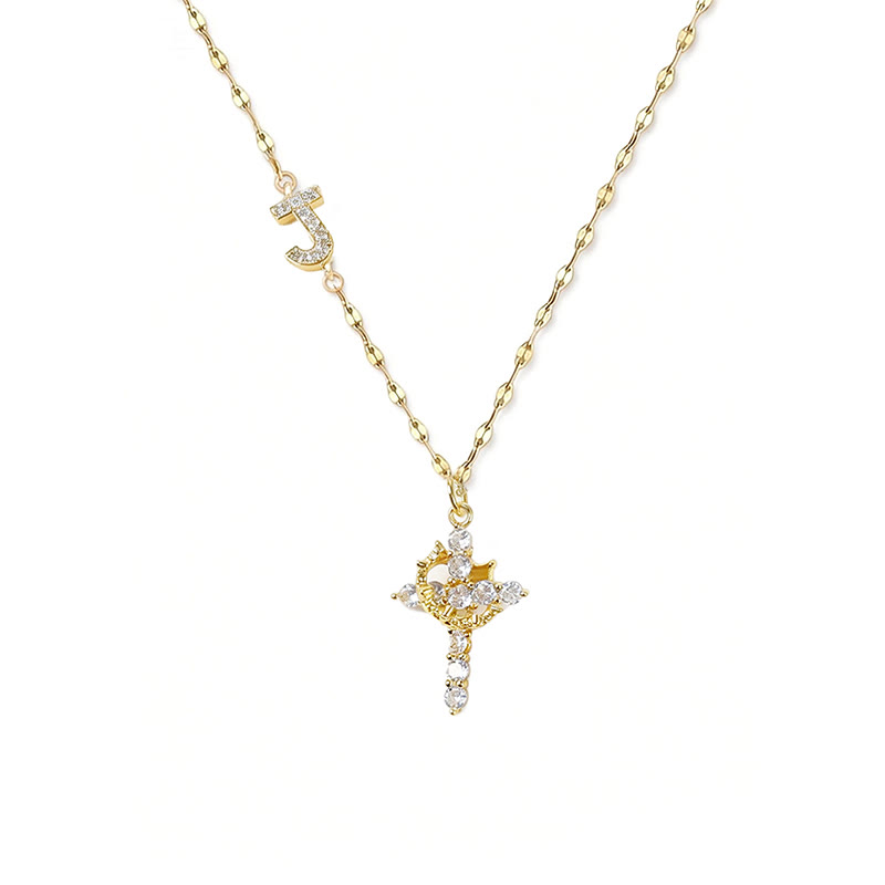 Rhinestone Letter Cross Pendant Necklace - J - one size - image 14