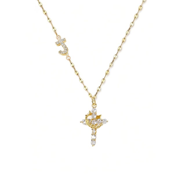 Rhinestone Letter Cross Pendant Necklace - J - one size - image 14