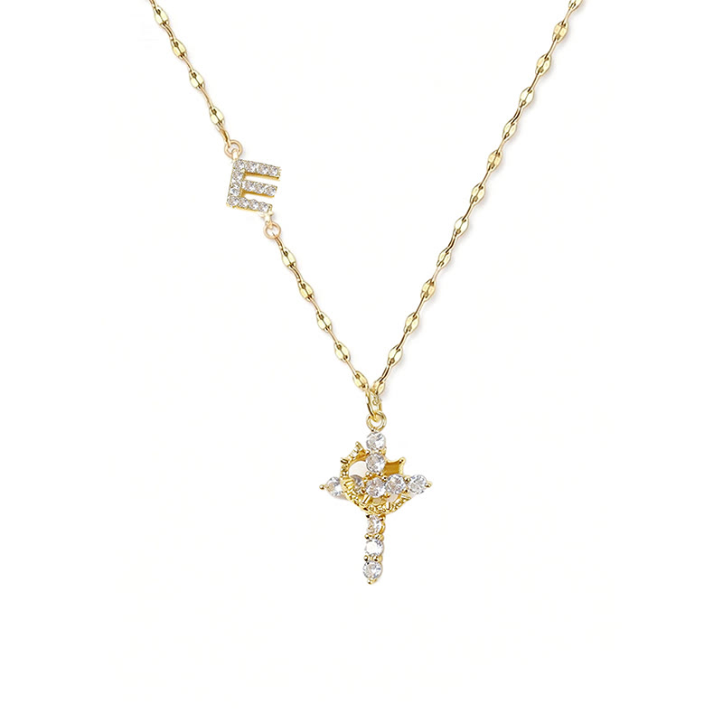 Rhinestone Letter Cross Pendant Necklace - E - one size - image 9