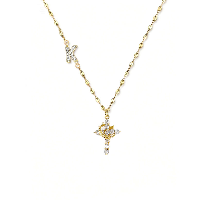 Rhinestone Letter Cross Pendant Necklace - K - one size - image 15