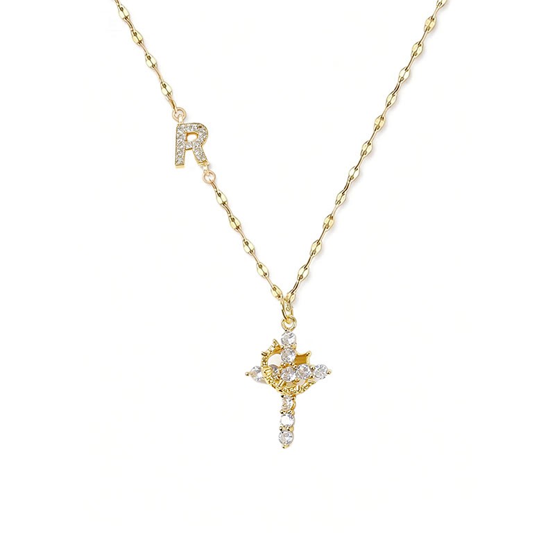 Rhinestone Letter Cross Pendant Necklace - R - one size - image 22