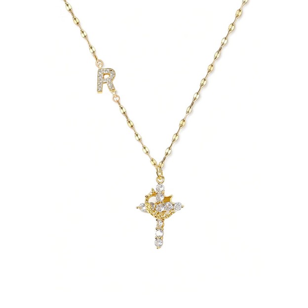 Rhinestone Letter Cross Pendant Necklace - R - one size - image 22