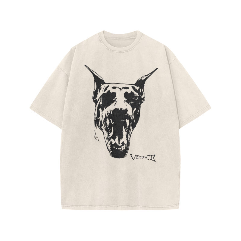 Roaring Doberman Print Acid Washed T-shirt - Beige - US20-22(3XL) - image 2