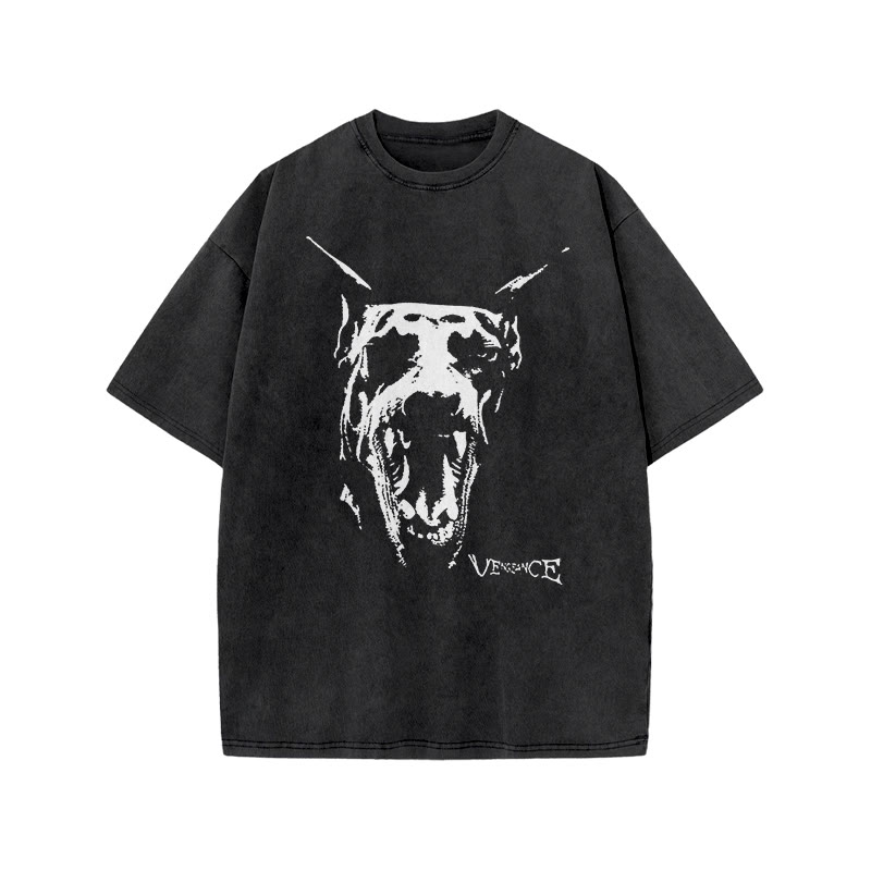 Roaring Doberman Print Acid Washed T-shirt - Black - US20-22(3XL) - image 1