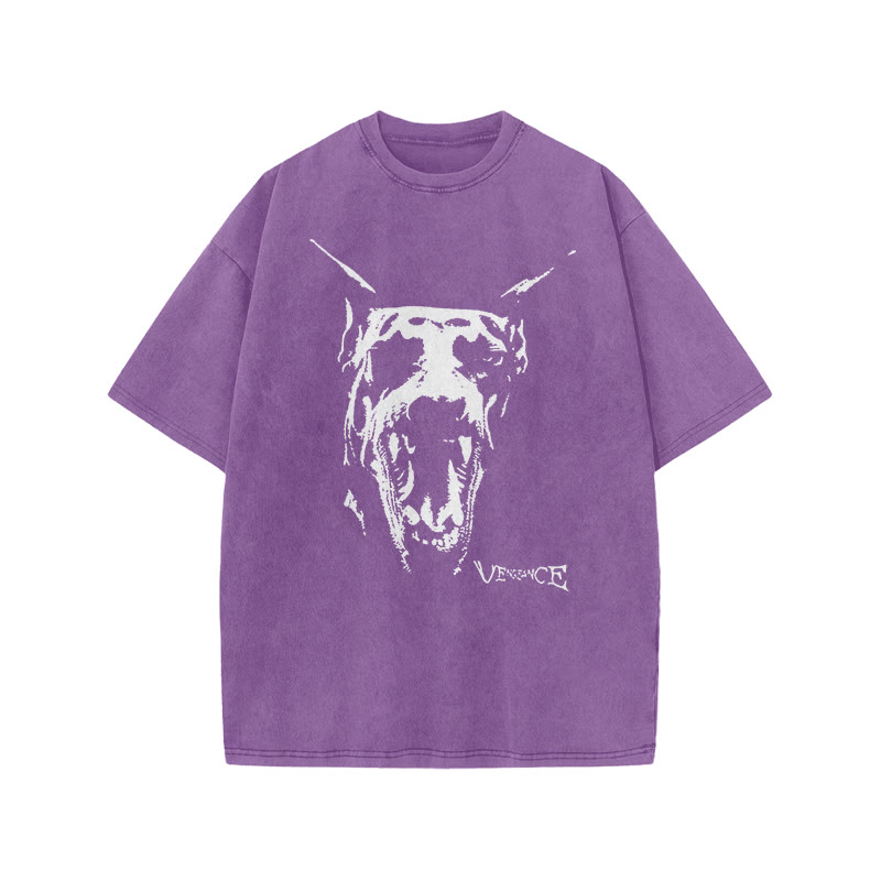 Roaring Doberman Print Acid Washed T-shirt - Purple - US20-22(3XL) - image 8