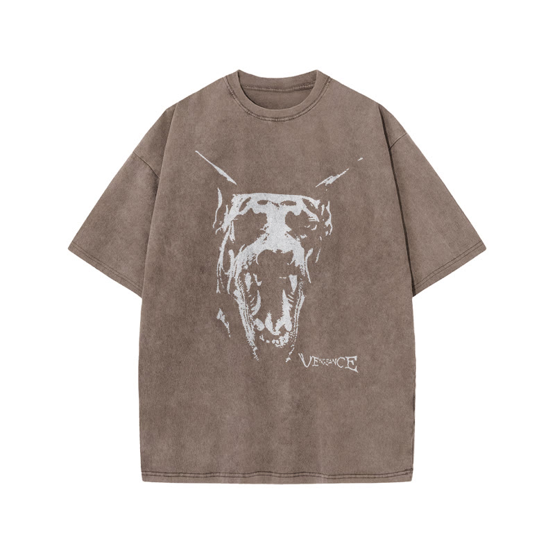 Roaring Doberman Print Acid Washed T-shirt - Coffee - US20-22(3XL) - image 5