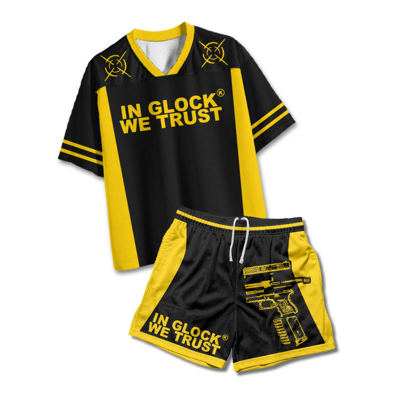 In Glock We Trust Print Mesh T-shirt Set - Yellow - 4XL - image 1