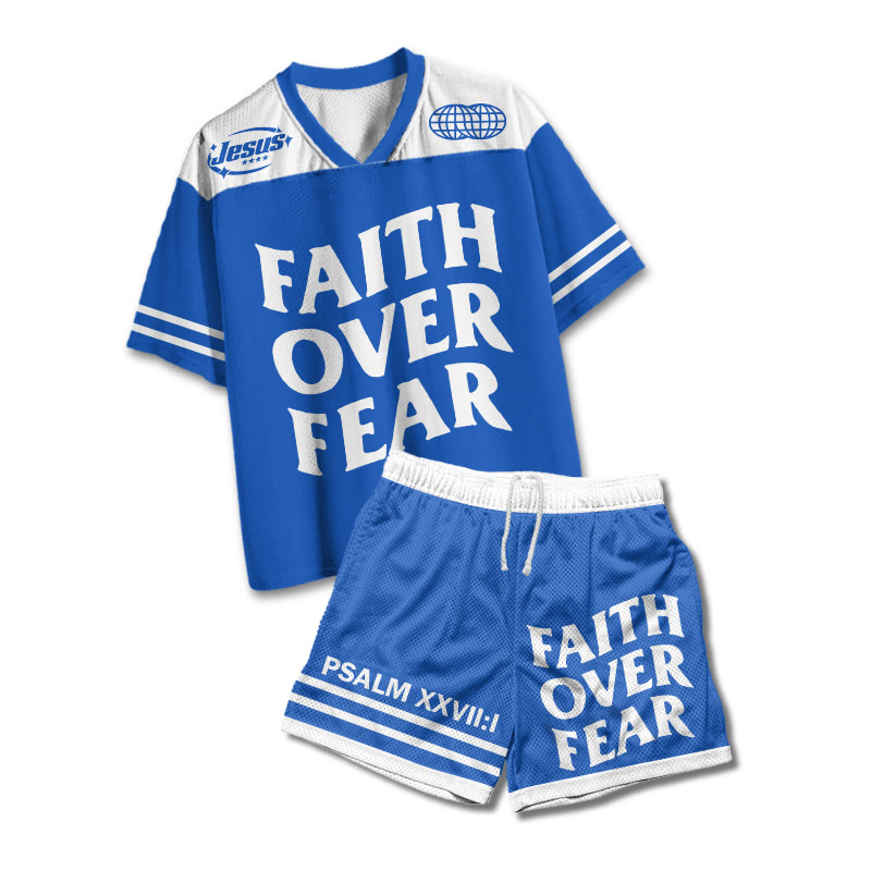 Faith Over Fear Print Mesh T-shirt Set - Blue - 4XL - image 1