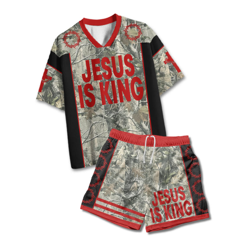 Jesus Is King Dead Leaves Camouflage Print Mesh T-shirt Set - Red - 4XL - image 1