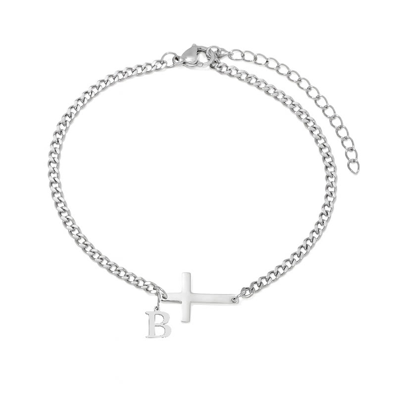 Letter Pendant Cross Bracelet - B - Silver-20CM+5CM - image 3